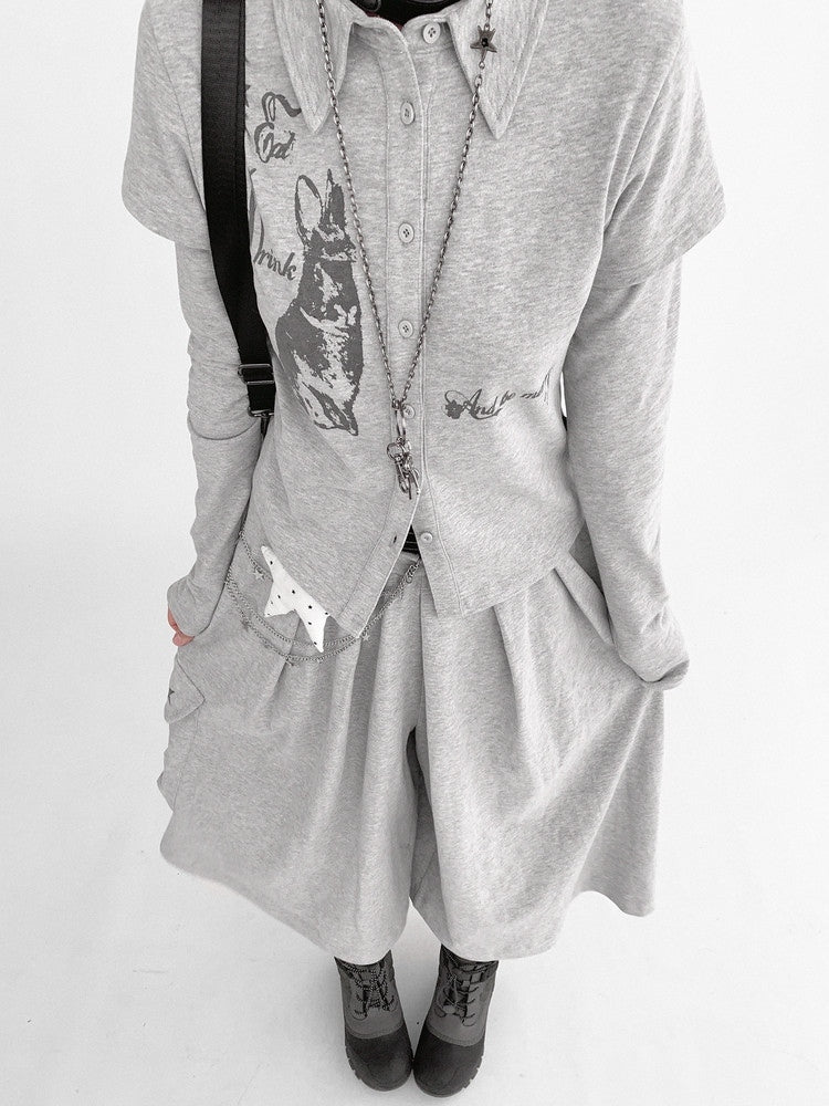 Gray Sleeve Long Two-piece - Print Top Bunny