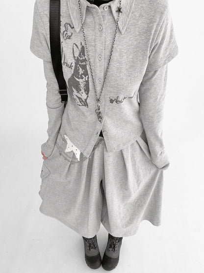 Gray Sleeve Long Two-piece - Print Top Bunny