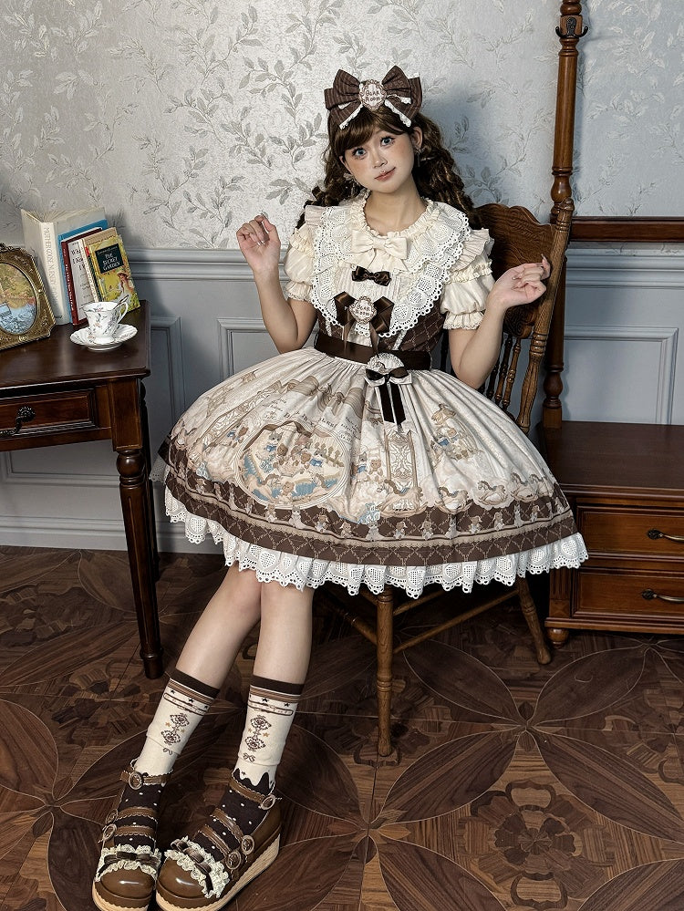 Sweet Print Lolita Jumper Skirt Brown Kitty Teddy and