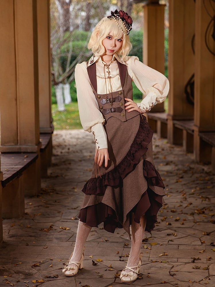 Lolita Steampunk Asymmetrical Trim Skirt with Lace Coffee Ruffled