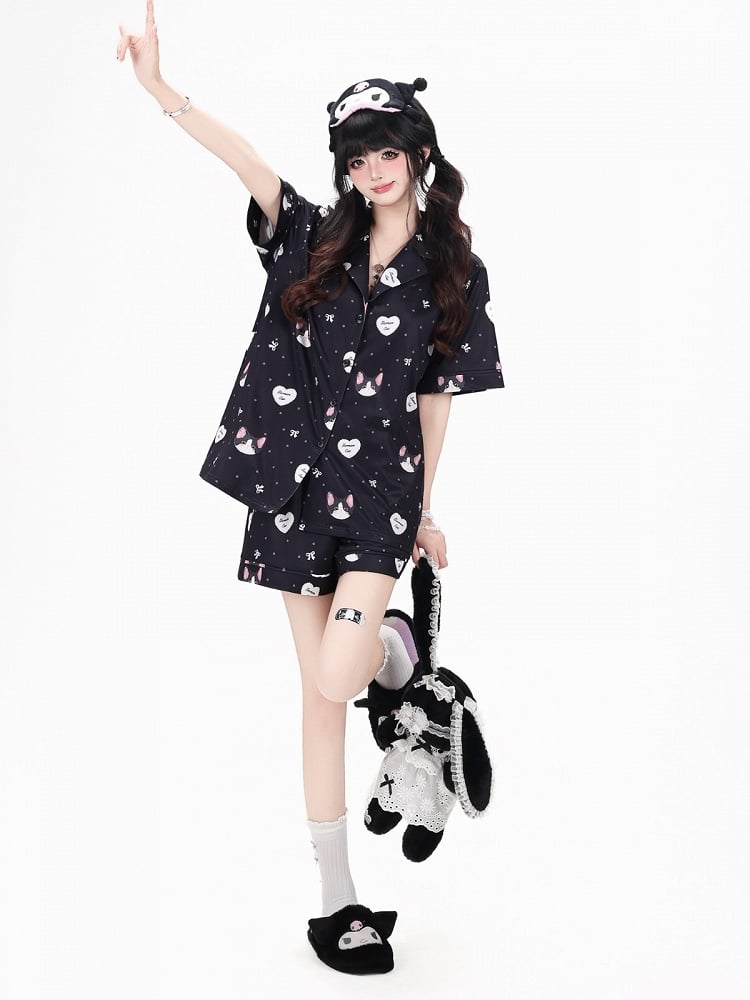Black Cute Otaku Kitten Print Short Lounge Wear Two-Piece Set - Short-Sleeve Top + Shorts - CRAZY GIRL