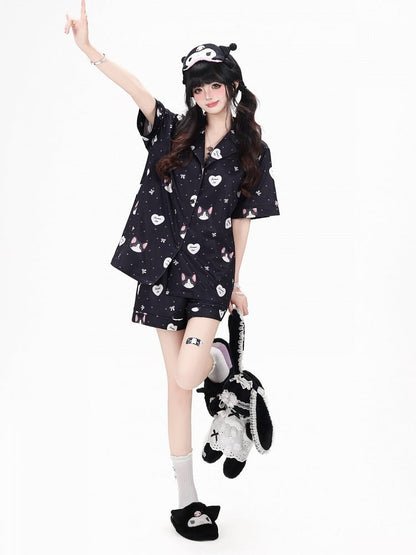 Black Cute Otaku Kitten Print Short Lounge Wear Two-Piece Set - Short-Sleeve Top + Shorts - CRAZY GIRL