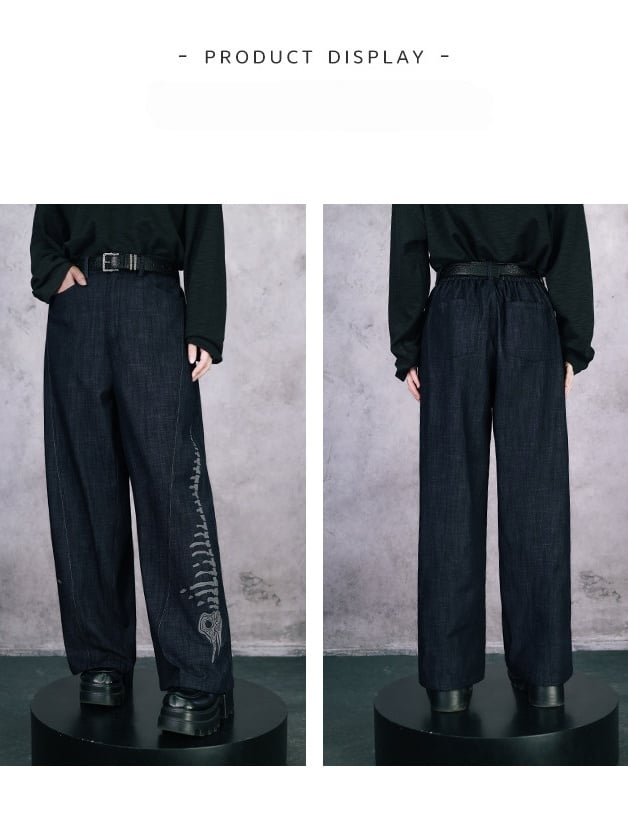 Black Straight-Leg Denim with Embossed Skeleton Whale Graphic - Quirky Hut