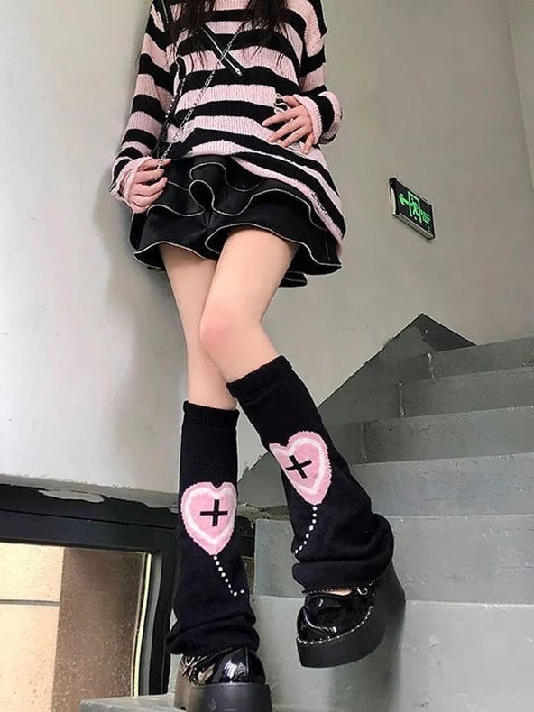 Jambières Yami Kawaii noires Y2K à motif cœur et croix