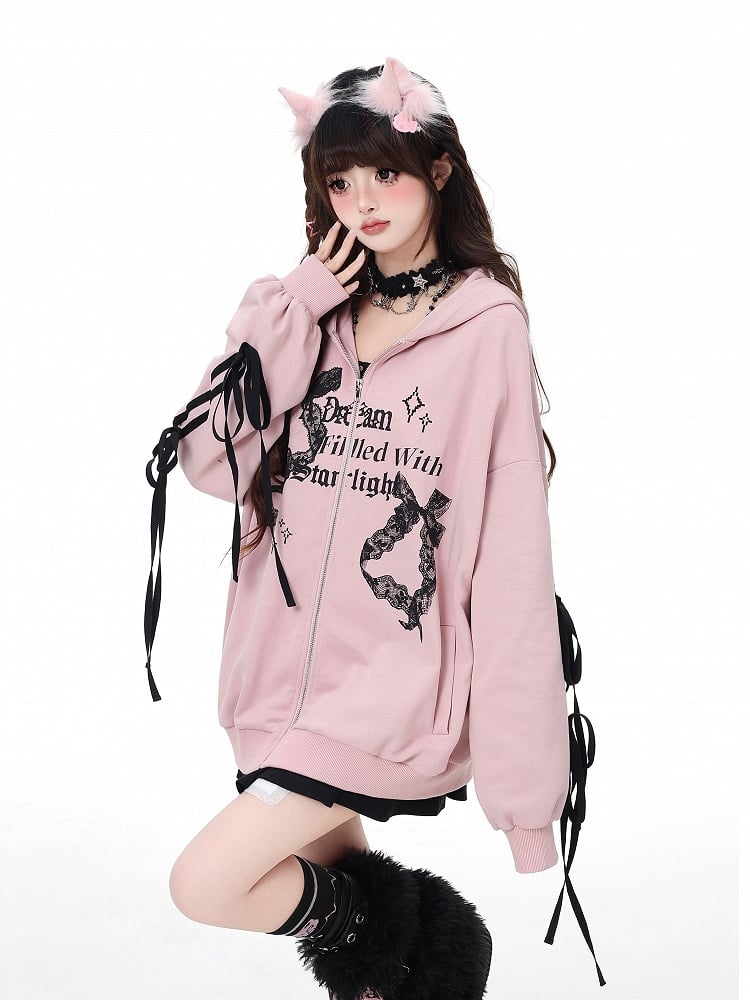 Pink Lace Embellished Zip Closure Graphic Hoodie 