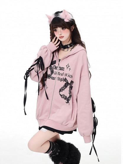 Pink Lace Embellished Zip Closure Graphic Hoodie 
