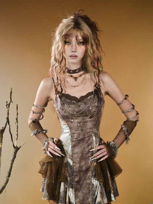 Contrast Pattern Patches Top Hem Lace Asymmetrical Wasteland Brown Cami Punk Snakeskin