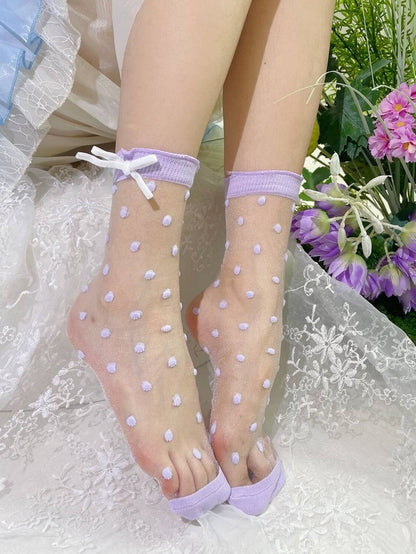 紫の水玉模様のリボンロリータアンクルソックス