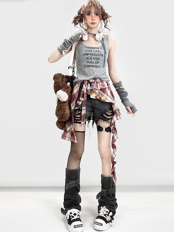 Raw Denim Holes Shorts Bittersweet Distressed Hem Gray
