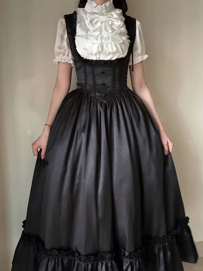 Black Satin Basque Waist Under Bust Classic Lolita JSK - Alice in Wonderland Lolita
