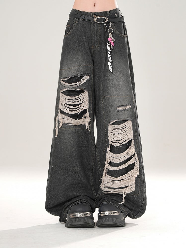 Vintage Black Wide-Leg Jeans with Distressed Detailing