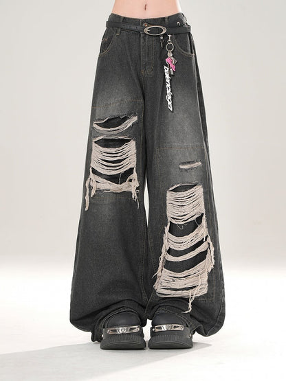 Vintage Black Wide-Leg Jeans with Distressed Detailing