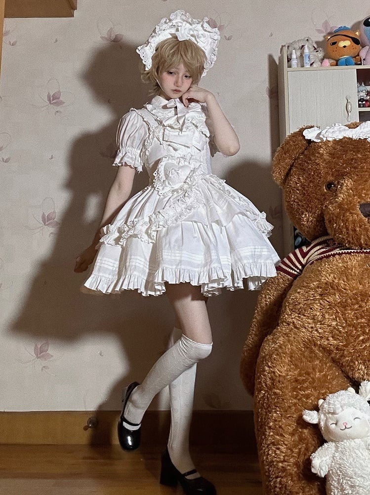 White Short Bowknots Ruffled with Dress Lolita Gothic Heart-shaped Decoration Version JSK and