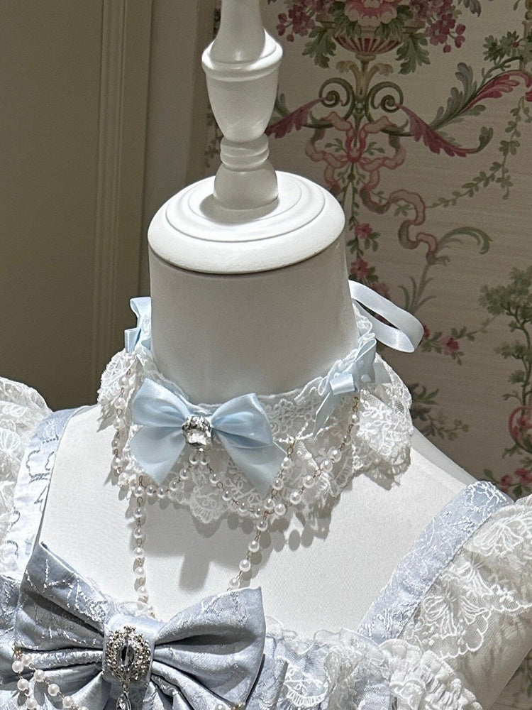 Pastel Lolita Rhinestone Bow Choker with Beaded Chain - White Sugar Girl