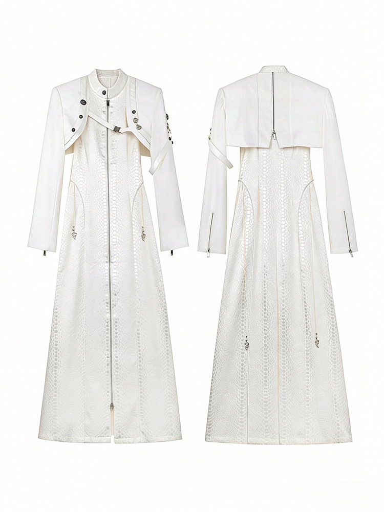 Snakeskin-grain Design Long Unisex Two-Piece Coat False - White Goth