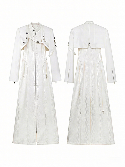 Snakeskin-grain Design Long Unisex Two-Piece Coat False - White Goth