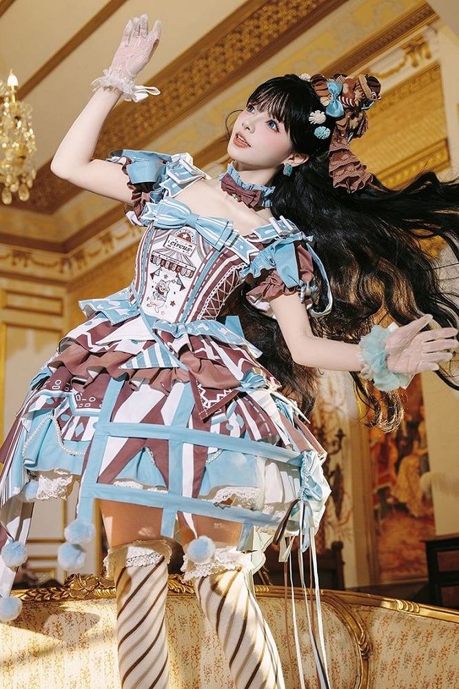 Brown Skirt Sleeves Detachable with Embroidery Dress Circus Lolita Jumper Bunny Blue Sweet Puff and