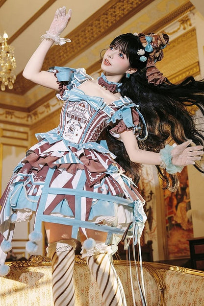 Brown Skirt Sleeves Detachable with Embroidery Dress Circus Lolita Jumper Bunny Blue Sweet Puff and