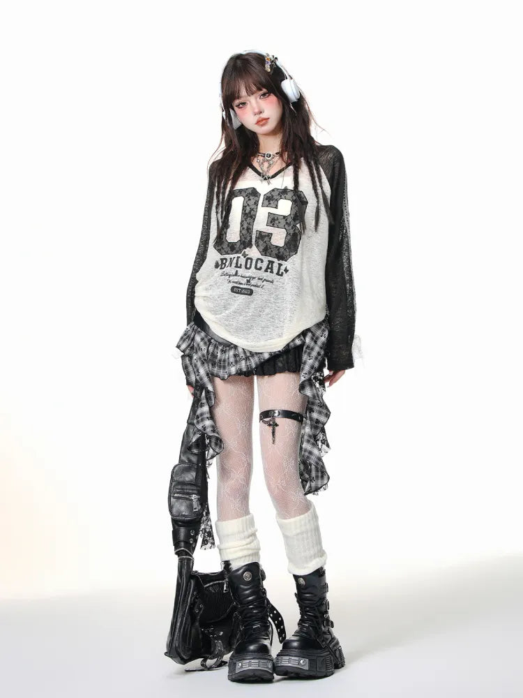 Y2K Asymmetrical White/Black Skirt Hem Black Red