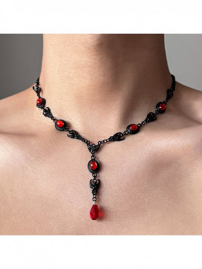 Black Gothic Necklace with Red Rhinestones - YSHXS