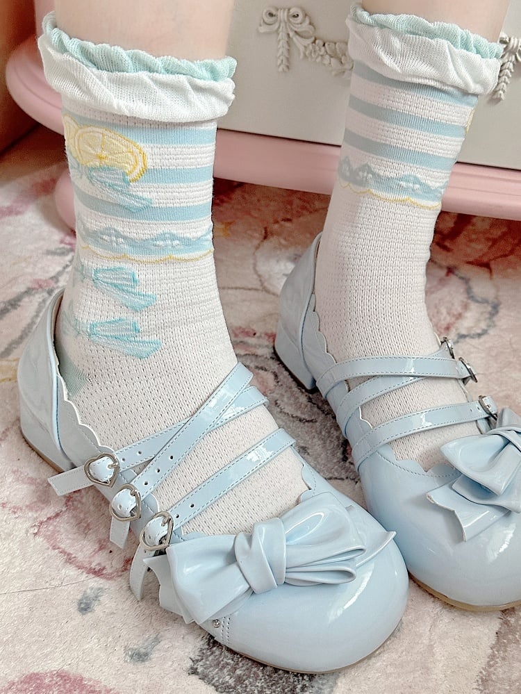 Blaue Rüschensocken Bowknot Print Lolita Lemon Trims Kalb süß