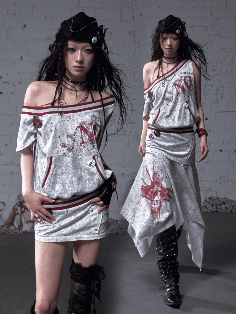 Asymmetrischer Ausschnitt Grau/Weiß Wasteland Punk Distressed Kleid