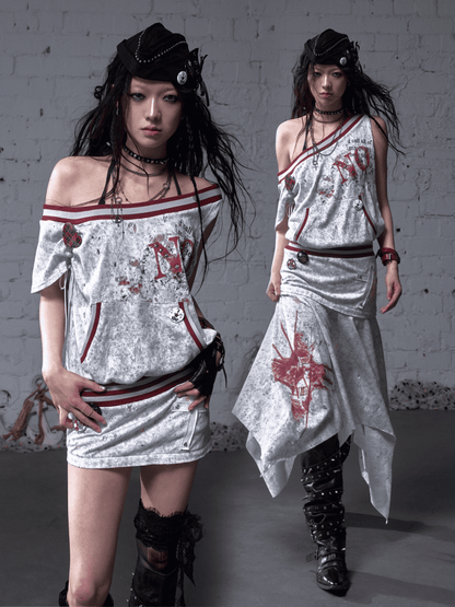 Asymmetrischer Ausschnitt Grau/Weiß Wasteland Punk Distressed Kleid