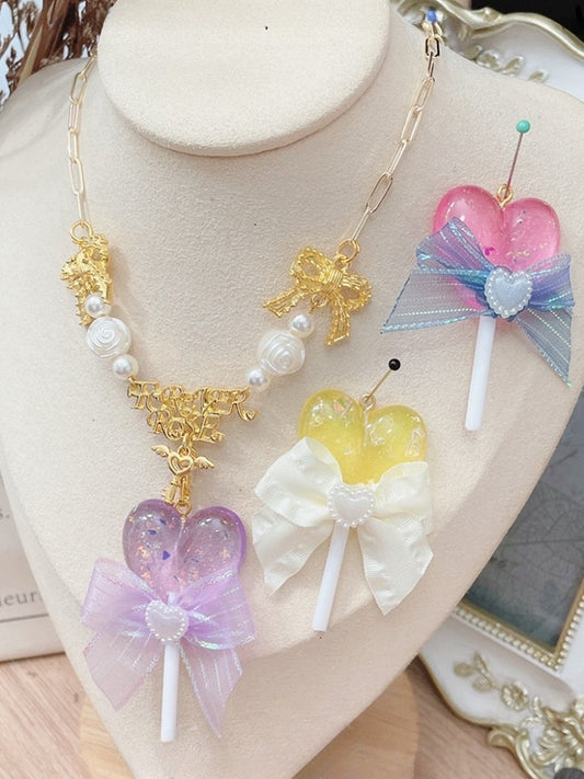 Halskette Bowknot verziert Anhänger gelb/rosa/lila Lollipop Perlen und