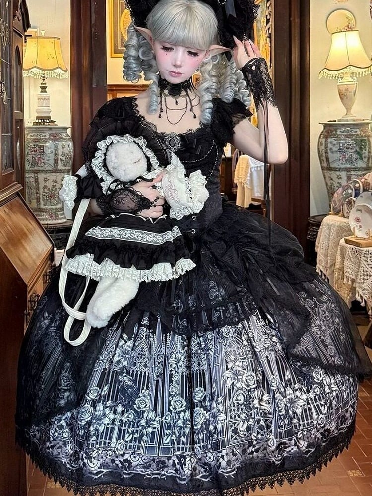 Black Gothic Square Neck JSK Dress with Train - Miss Han