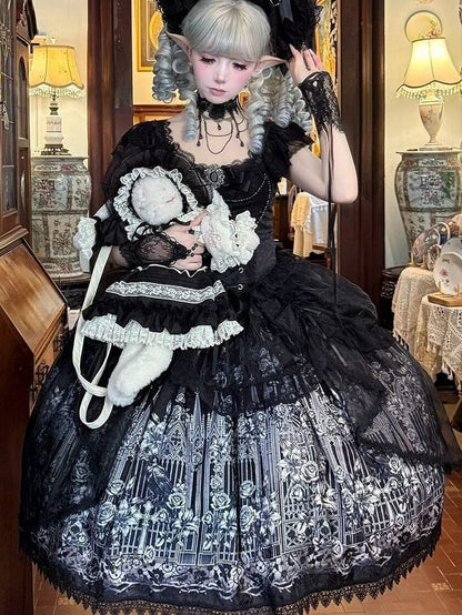 Black Gothic Square Neck JSK Dress with Train - Miss Han
