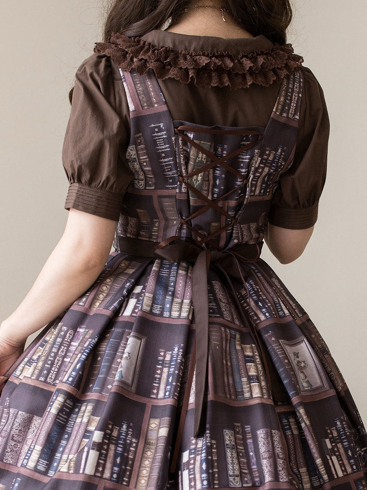 ピーターショートコーヒーブラウススリーブパフパンカラーコットン