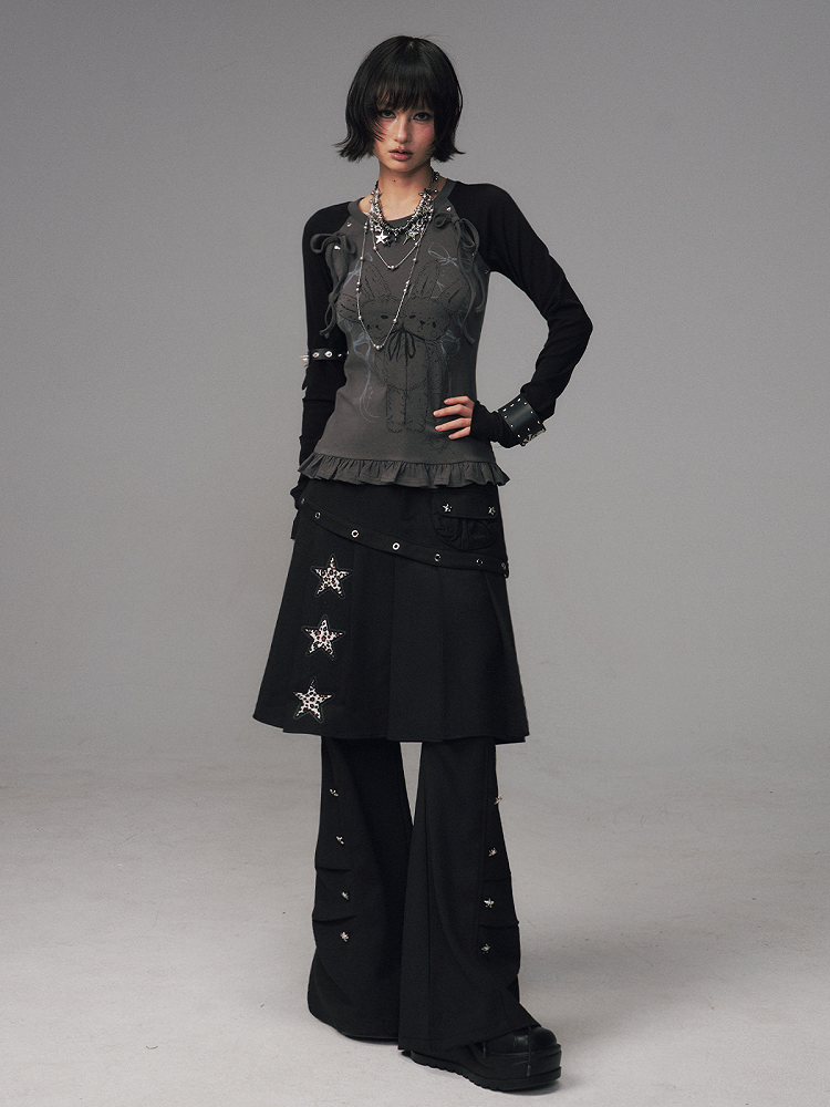 Sleeve Long Print Raglan Details Kawaii BlackGray Ruffled Bowknot Floral Top Trim -