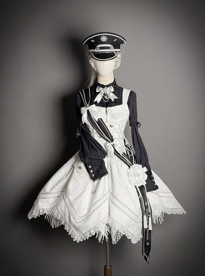 Sash White Motif Black Striped Bow Lolita and Embroidered Military with