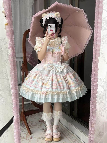 JSK Sweet Hairclips Short-Sleeve Macaron Dress Bow + Color with and Blouse Set Print Ruffle Details Lolita Back Hairband Full Cake