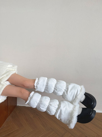 White Leg Plush-Trimmed Warmers Puffer
