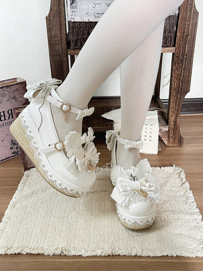 White Kawaii Bowknot Lace Round Toe Shoes with Rabbit Ears - Cheese Mango