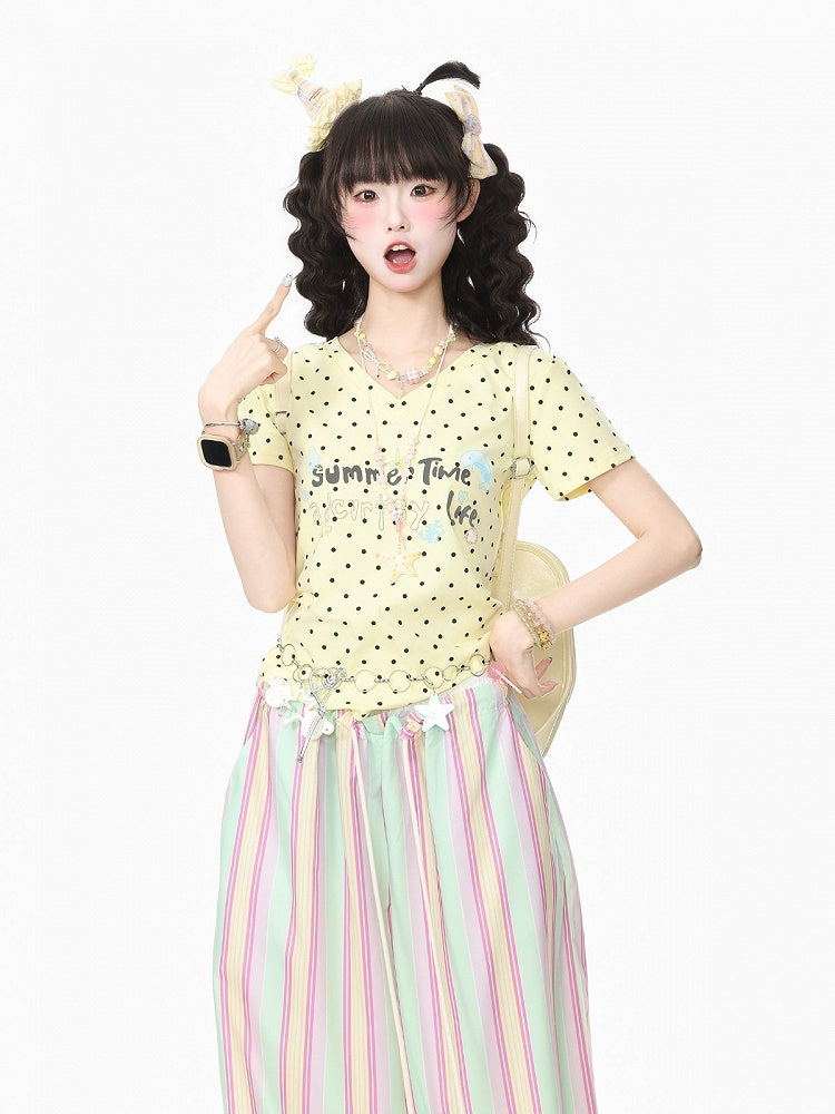 Yellow Summer Kawaii Letter Print V-Neck Short Sleeve T-Shirt with Starfish Necklace - Languid Park