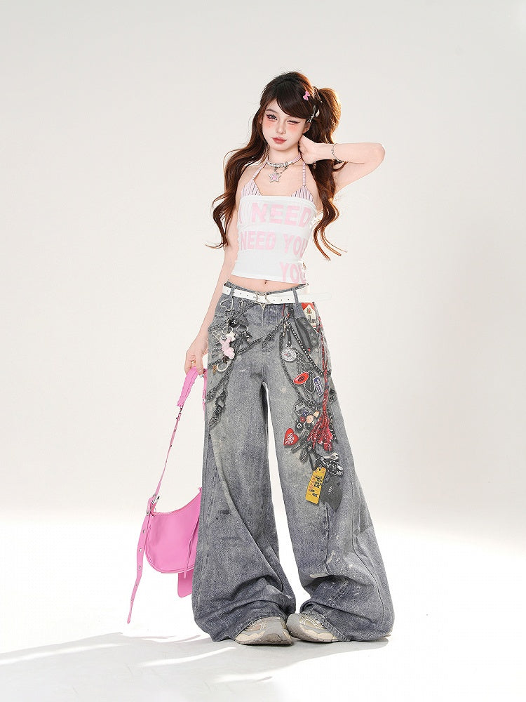 Blaue Jeans mit weitem Bein und niedrigem Aufdruck, Taillen-Sprühfarbenketten