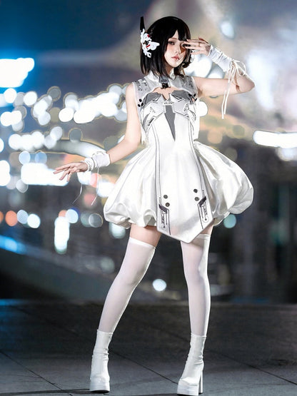 Cyberpunk White Bubble Dress and Cropped Vest Set - Xiong Dou Jiang