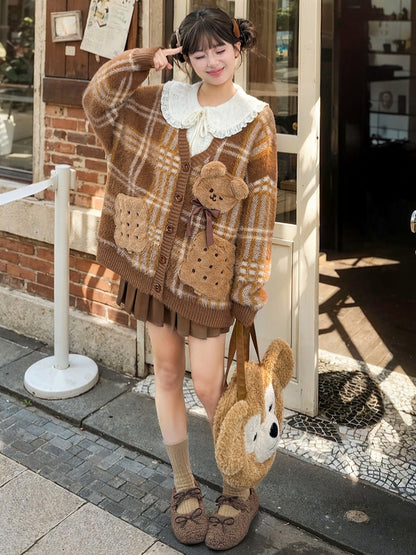 Brown Cute Cookie Bear Adorned Plaid Loose Cardigan
