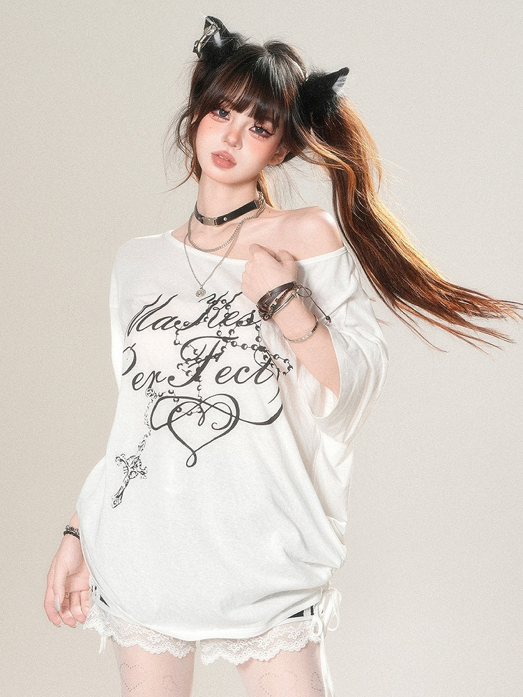 T-shirt Asymmetrical Letter Print White Glamorous Neckline
