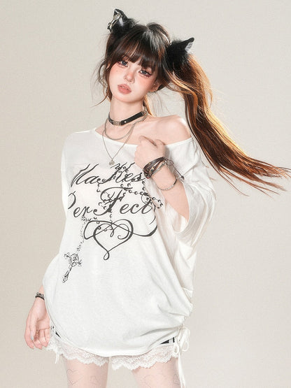 T-shirt Asymmetrical Letter Print White Glamorous Neckline