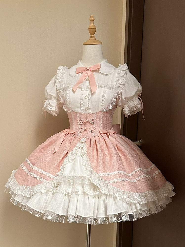 Sweet Pink Puff Sleeve Peter Pan Collar Lolita OP Dress with Lace Trim