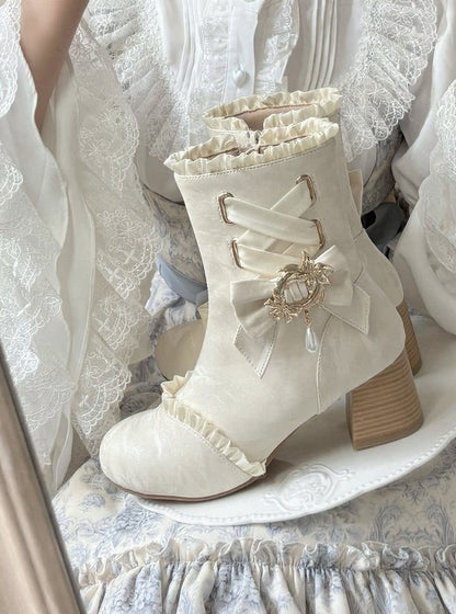 White Lace-Up Bow-Embellished Sweet Lolita Round Toe Ankle Boots - Magic Peach