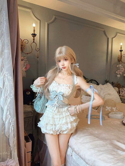 Denim-Blue Floral Lace-Trim Halter Top With Bow Accent