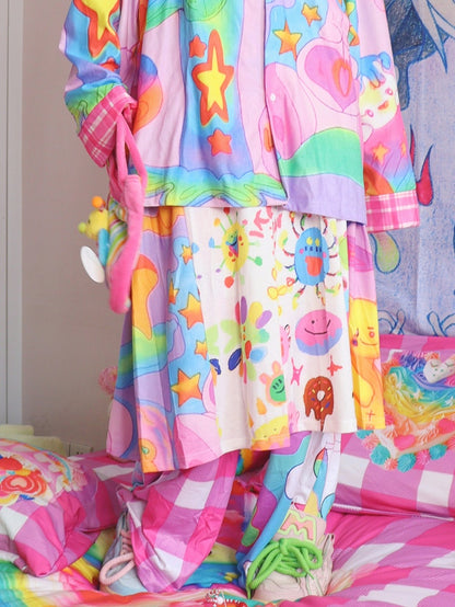 Y2K Print Star Colorful Pants Pattern Plaid Flare Silhouette