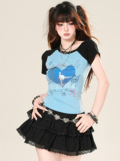 Print T-shirt Glamorous Bittersweet And Letter Animal Heart Blue