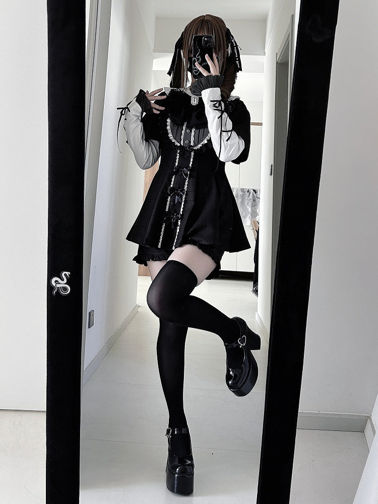 Tie Dress Detachable Jirai Full Sleeves Set + Bow Kei Short-Sleeve Black Plaid Matching Shorts