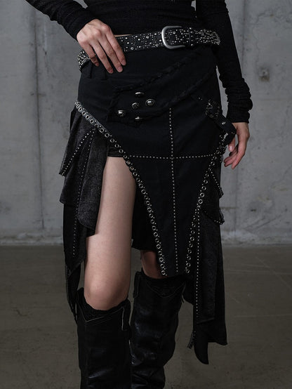 Skirt with Embellishments PU Handkerchief Hem Punk Gothic Metal Black
