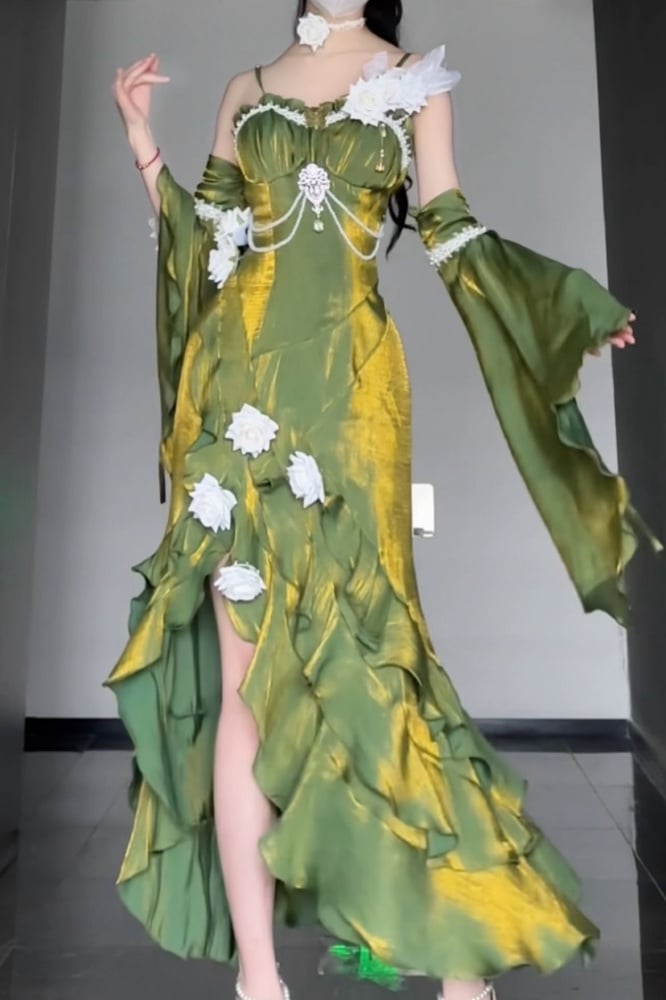 取り外し可能なフリル袖付きグリーンのイブニングドレス、ロゼットマーメイドドレス